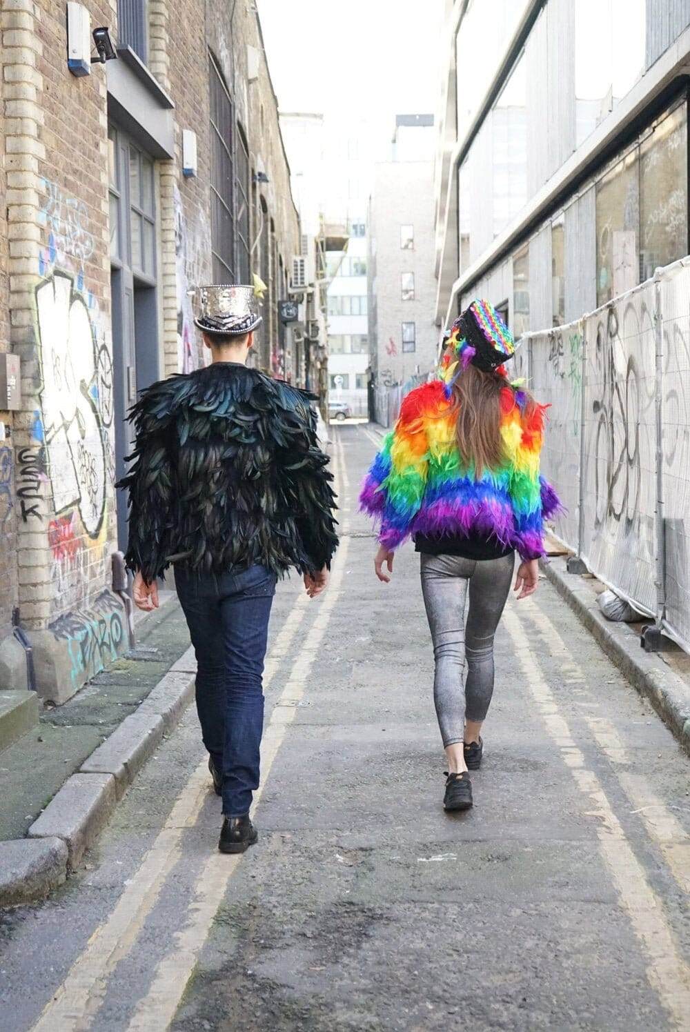 Black Feather Jacket and Rainbow Feather Jacket by Love Khaos Festival Clothing