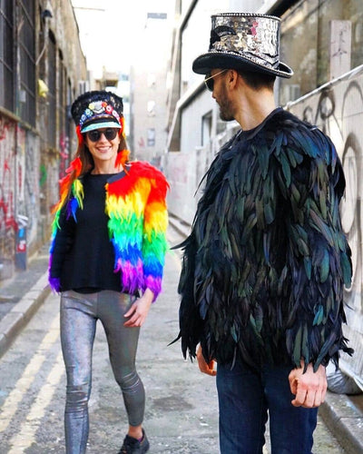 Rainbow Feather Coat and Mens Black Feather Jacket by Love Khaos Festival Clothing