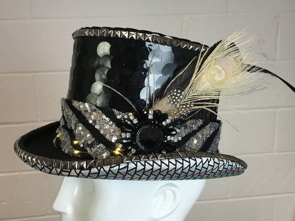 Custom LED Top Hat with sequins by Love Khaos Festival Hat and Rave Wear