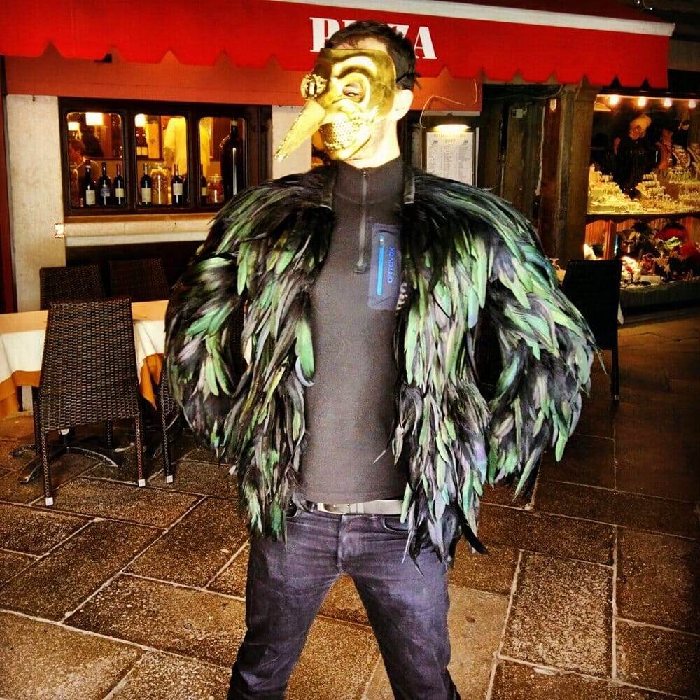 Mens Black Feather Jacket as a Carnaval costume by Love Khaos Festival Clothing