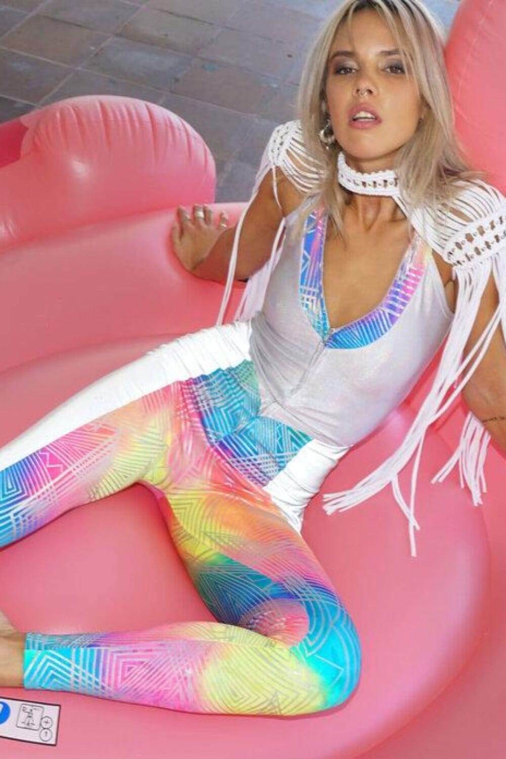 Holographic Neon Rainbow Catsuit for Festival wear, Rave outfits, and Burning Man Costumes by Love Khaos