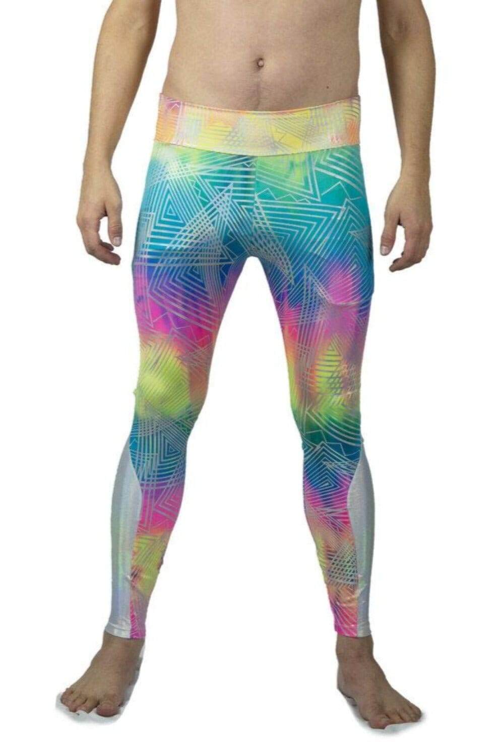 mens rainbow and Holographic silver geometric print festival meggings spandex pants with hidden pockets by Love Khaos