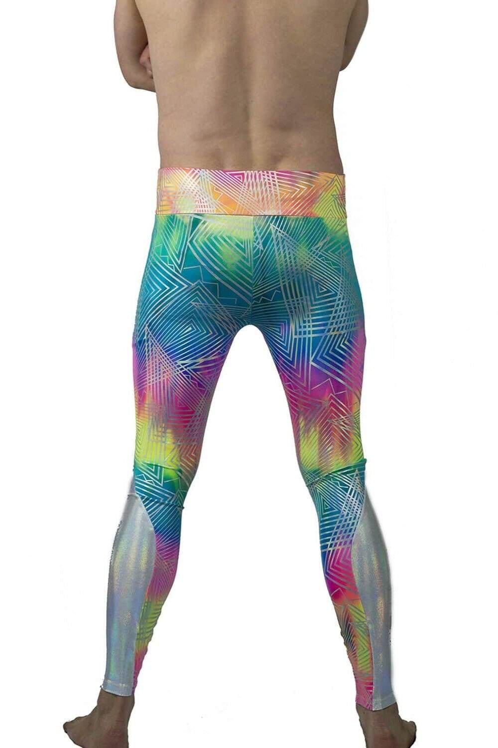 mens neon and Holographic silver geometric print festival meggings spandex tights with hidden pockets by Love Khaos