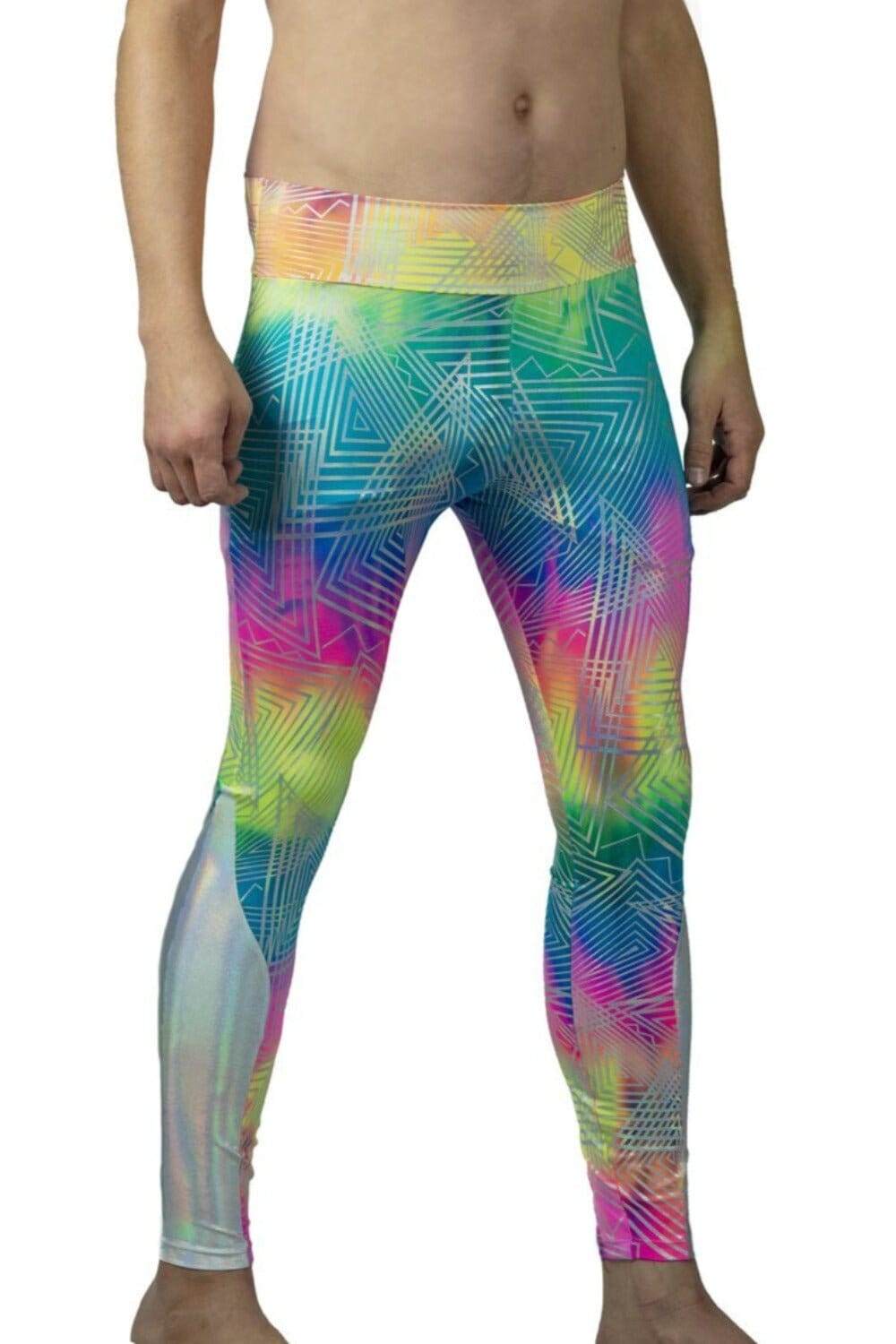 mens bright colors and Holographic silver triangle print festival leggings spandex tights with hidden pockets by Love Khaos