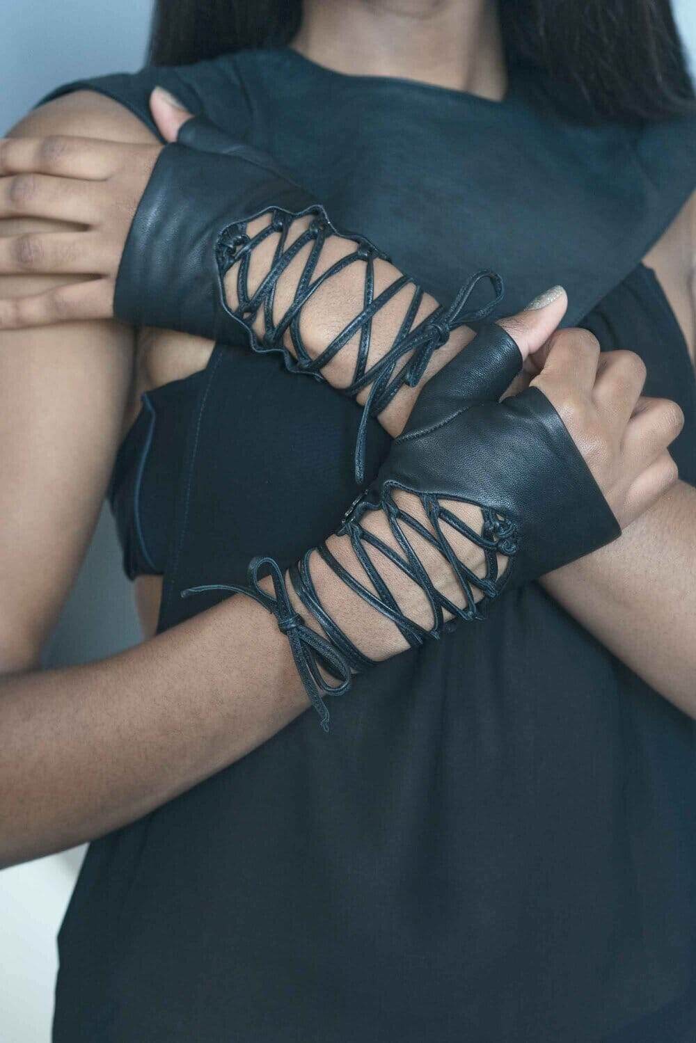 Lace up Leather Fingerless Gloves by Love Khaos