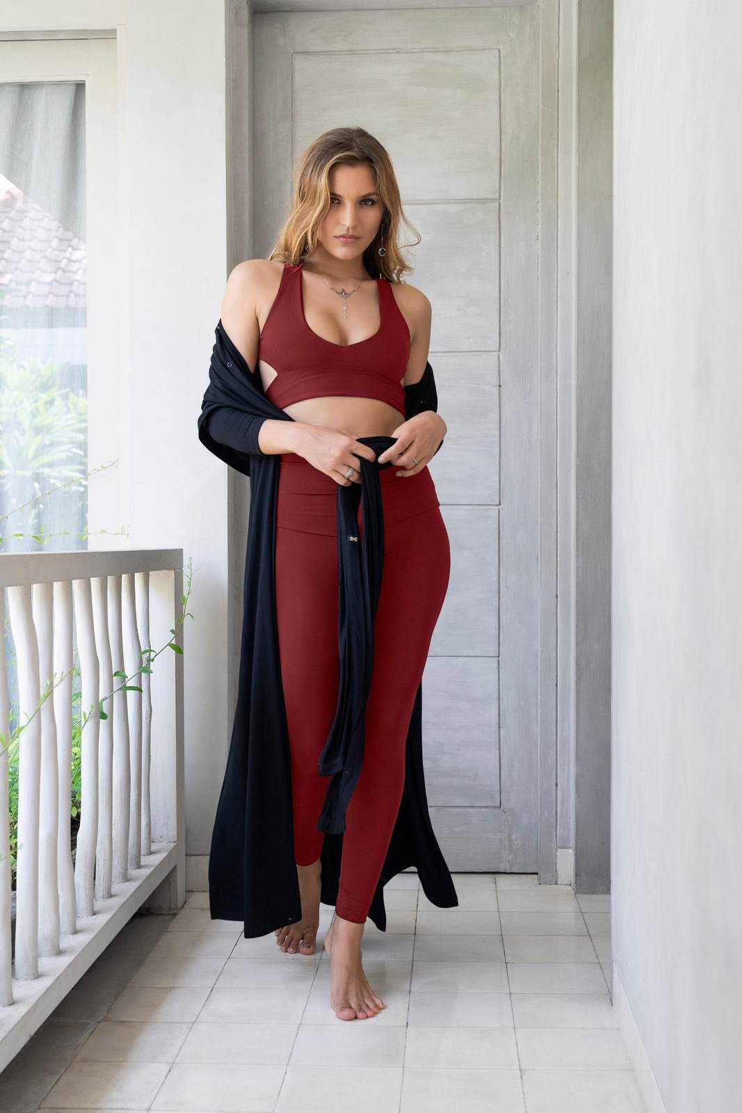 Vino Dark Red lounge leggings made with eco friendly recycled fabric from Ekoluxe sustainable loungewear brand.