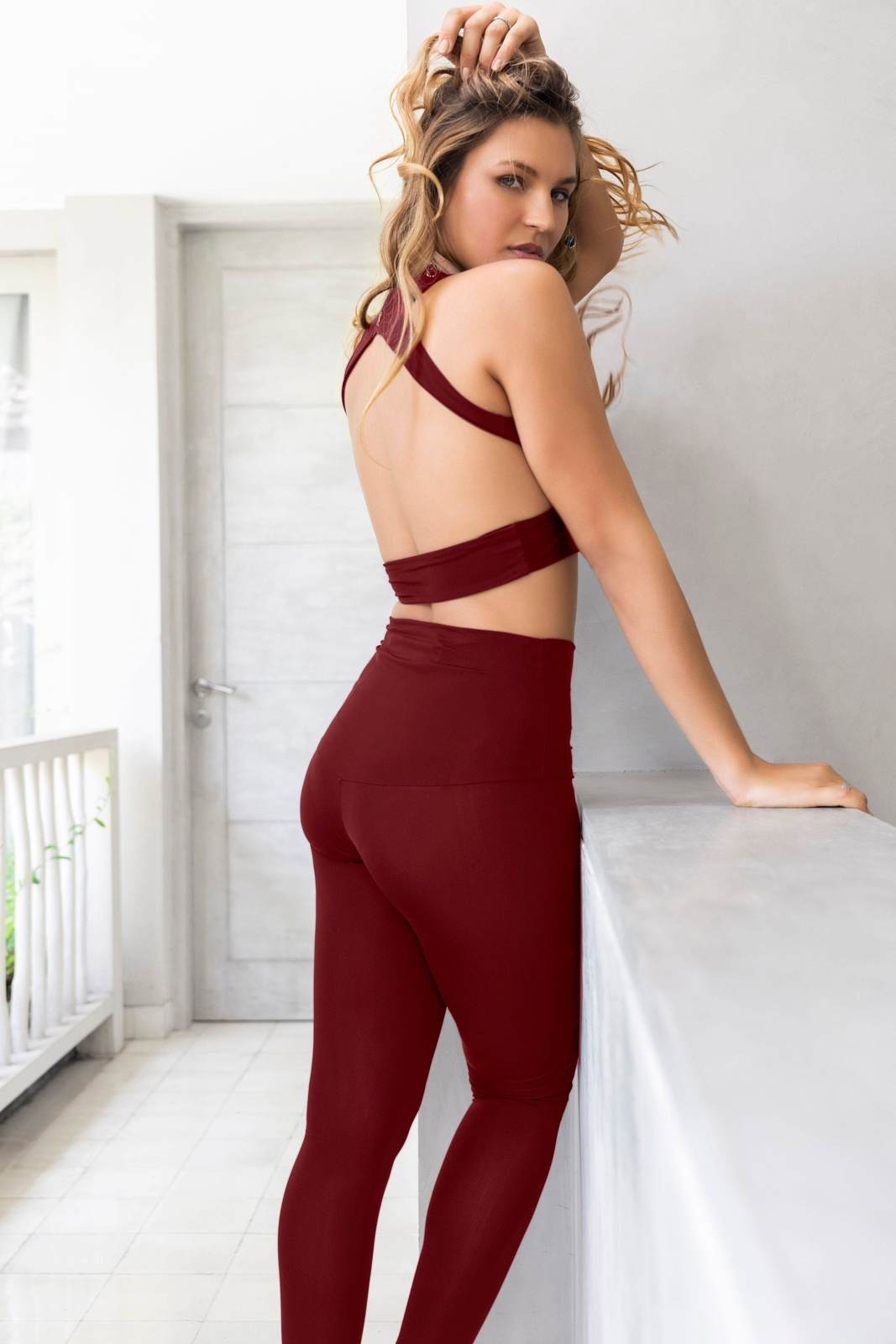 Dark Red Wine Colored Lounge Bra and high waisted leggings from Ekoluxe sustainable loungewear brand.
