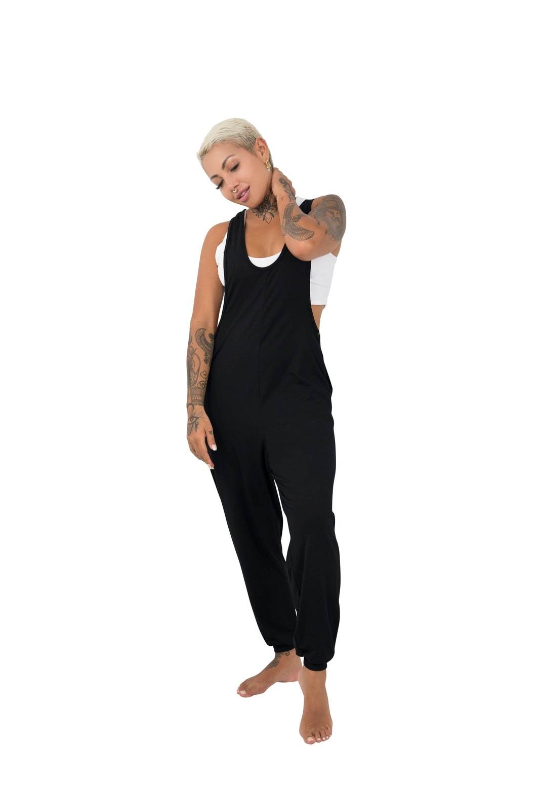 womens black lounge overalls by Ekoluxe sustainable streetwear