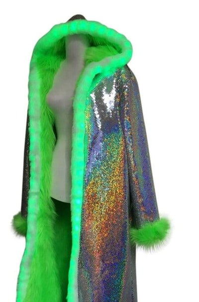 Holographic sequin LED Lights jacket with and Faux Fur Hood by Love Khaos Festival Wear