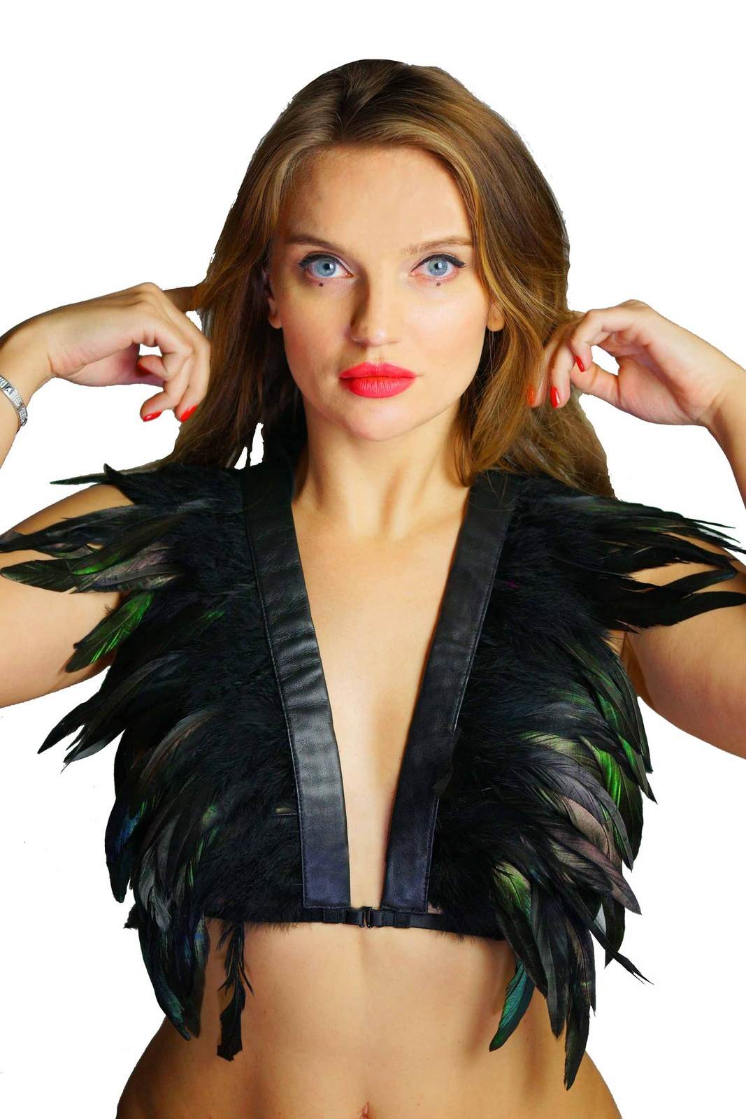 LK Signature Feather Bralette Festival Top, black leather crop top by Love Khaos
