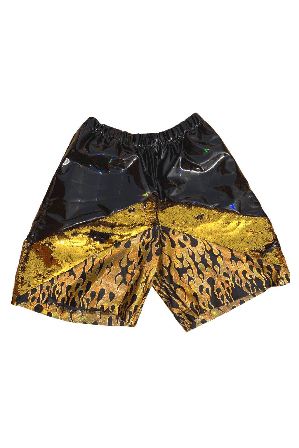 Mens holographic black and gold sequin festival shorts with flame print and pockets by Love Khaos