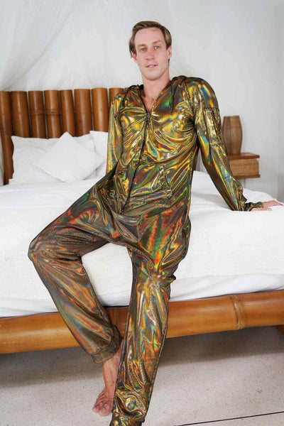 Mens gold jumpsuit ethically made with holographic gold velvet from Love Khaos Festival Clothing Brand.