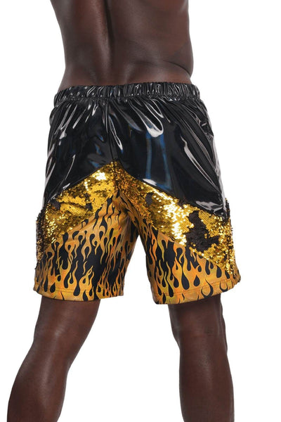 Mens gold shorts from Love Khaos mens festival clothing brand