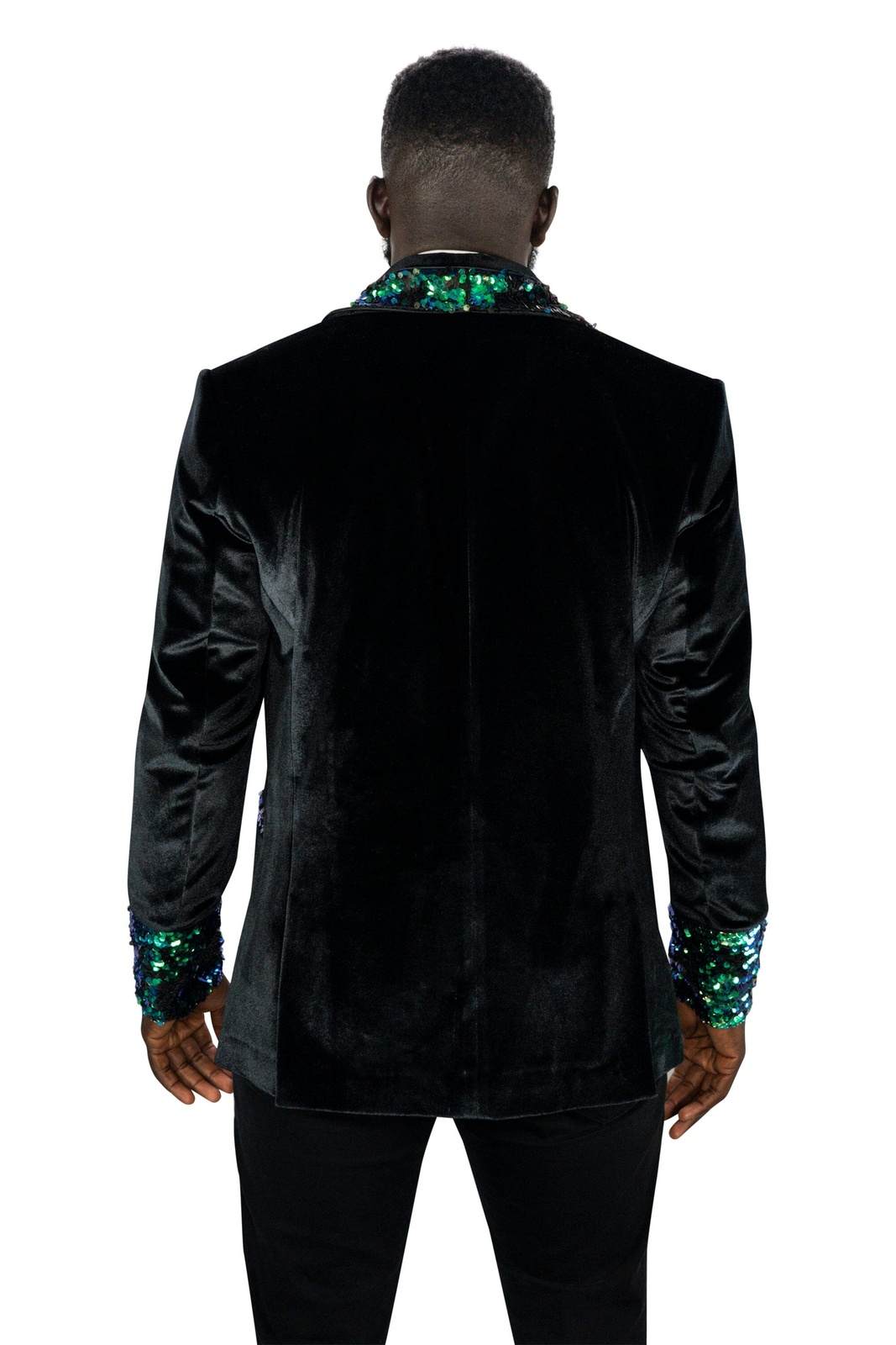 Mens Black Velvet Smoking Jacket with iridescent Green Sequins by Love Khaos Festival Jacket brand.