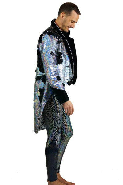 Mens Holographic sequin tailcoat with velvet cuffs and lapels by Love Khaos