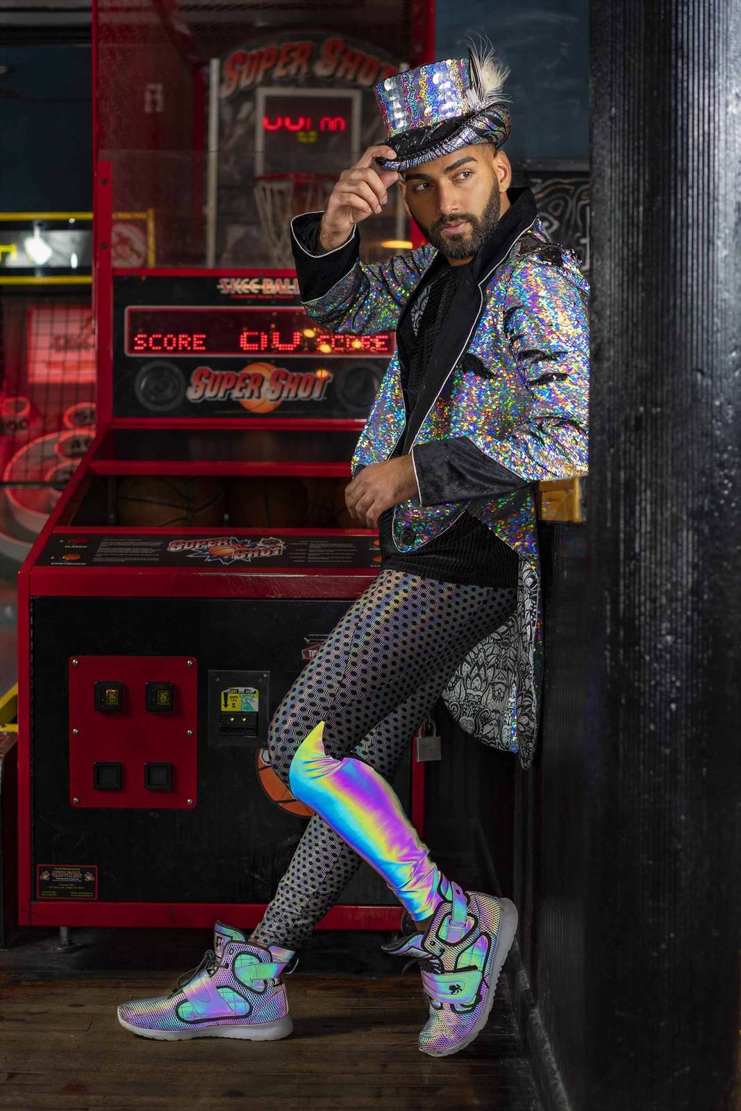 Holographic glitter tuxedo tailcoat jacket from Love Khaos mens festival clothing brand.
