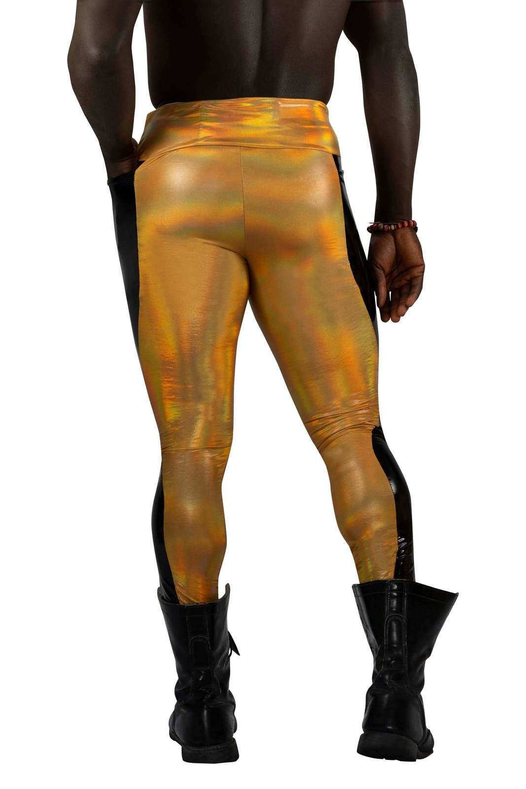 Holographic Gold Mens Rave Pants with Pockets by Love Khaos mens festival clothing brand.