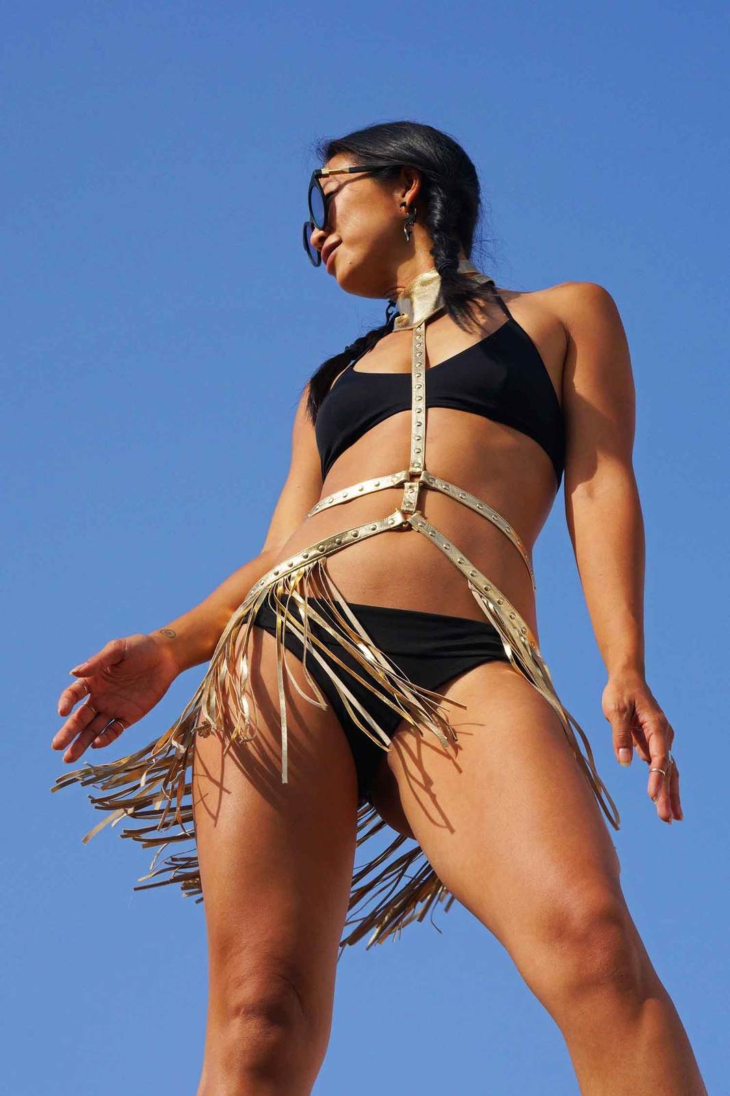Narnia Womens Gold Leather Body Harness with leather tassel belt skirt from Love Khaos Festival Clothing brand.