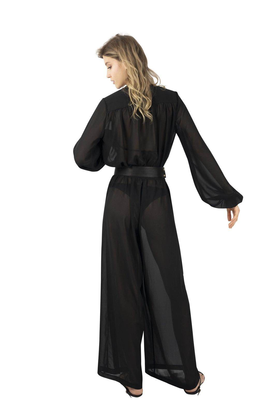 The Oasis Sheer Chiffon Jumpsuit in Noir Black From Love Khaos Resort Wear Brand.