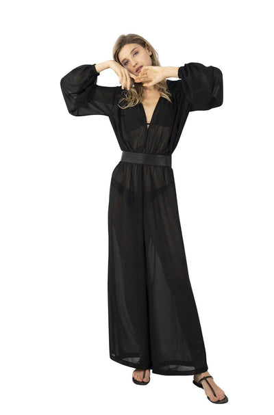 The Oasis Sheer Chiffon Jumpsuit in Noir Black From Love Khaos Resort Wear Brand.