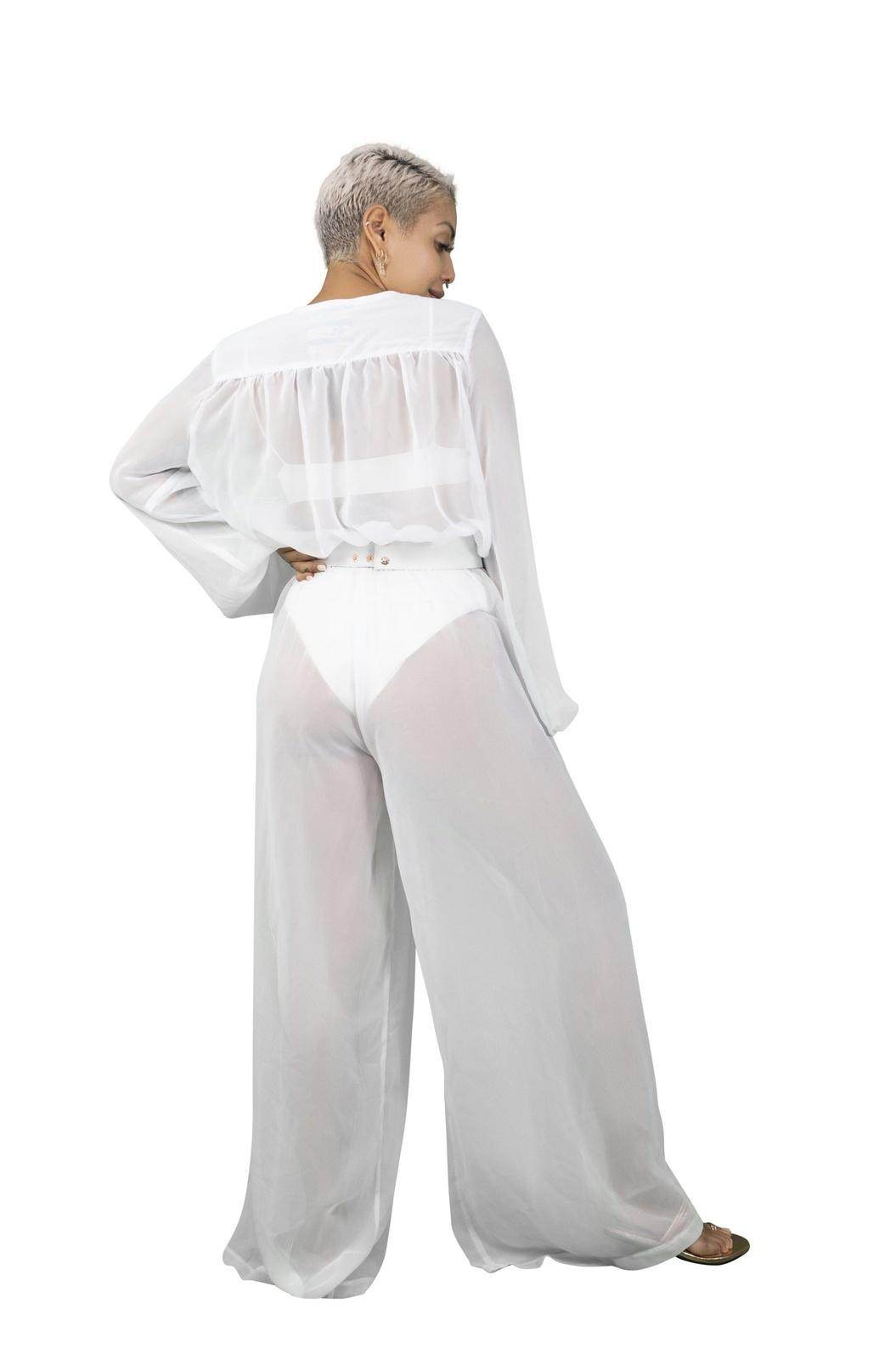 The Oasis Sheer Chiffon Jumpsuit in Porcelain White From Love Khaos Resort Wear Brand.