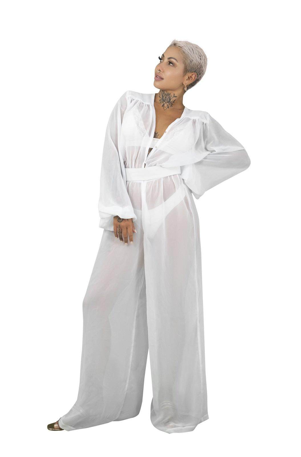 The Oasis Sheer Chiffon Jumpsuit in Porcelain White From Love Khaos Resort Wear Brand.