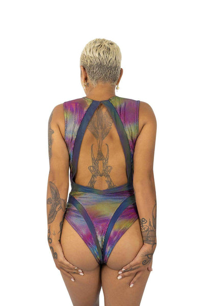 The Oracle Holographic Tecno Color Rainbow Reflective Rave Bodysuit From Love Khaos Festival Clothing Brand.