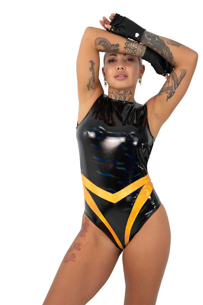 The Oracle Holographic Black and Gold Festival Bodysuit From Love Khaos Festival Clothing Brand.