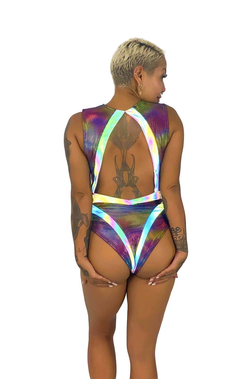 Oracle Rainbow Reflective Rave Bodysuit from Love Khaos Festival Clothing Brand.