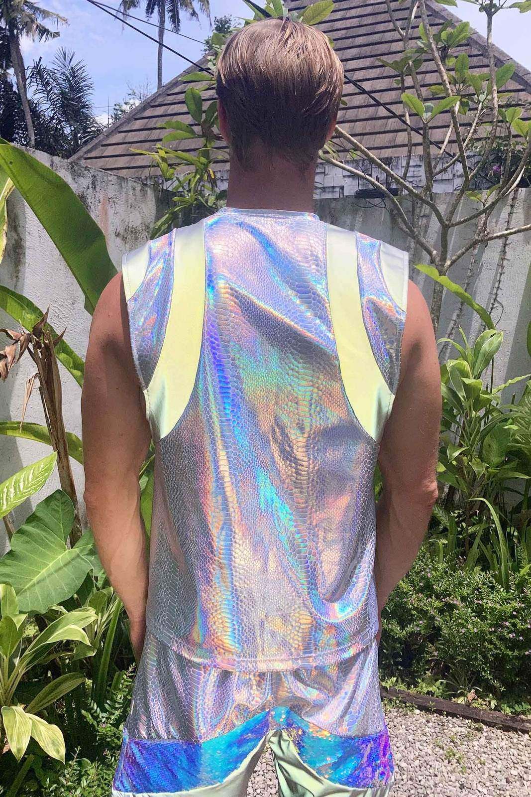 Mens Festival tank top in holographic white snakeskin fabric from Love Khaos