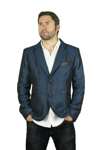Mens smart blue blazer with black leather elbow pads by Love KHAOS