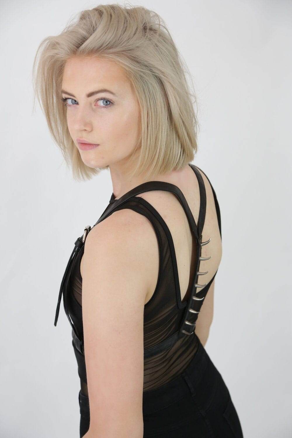 black lambskin leather harness with silver hook spikes for burning man by Love Khaos