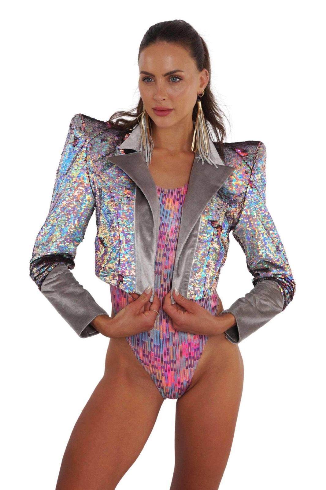 holographic silver crop sequin jacket with big shoulders from Love Khaos