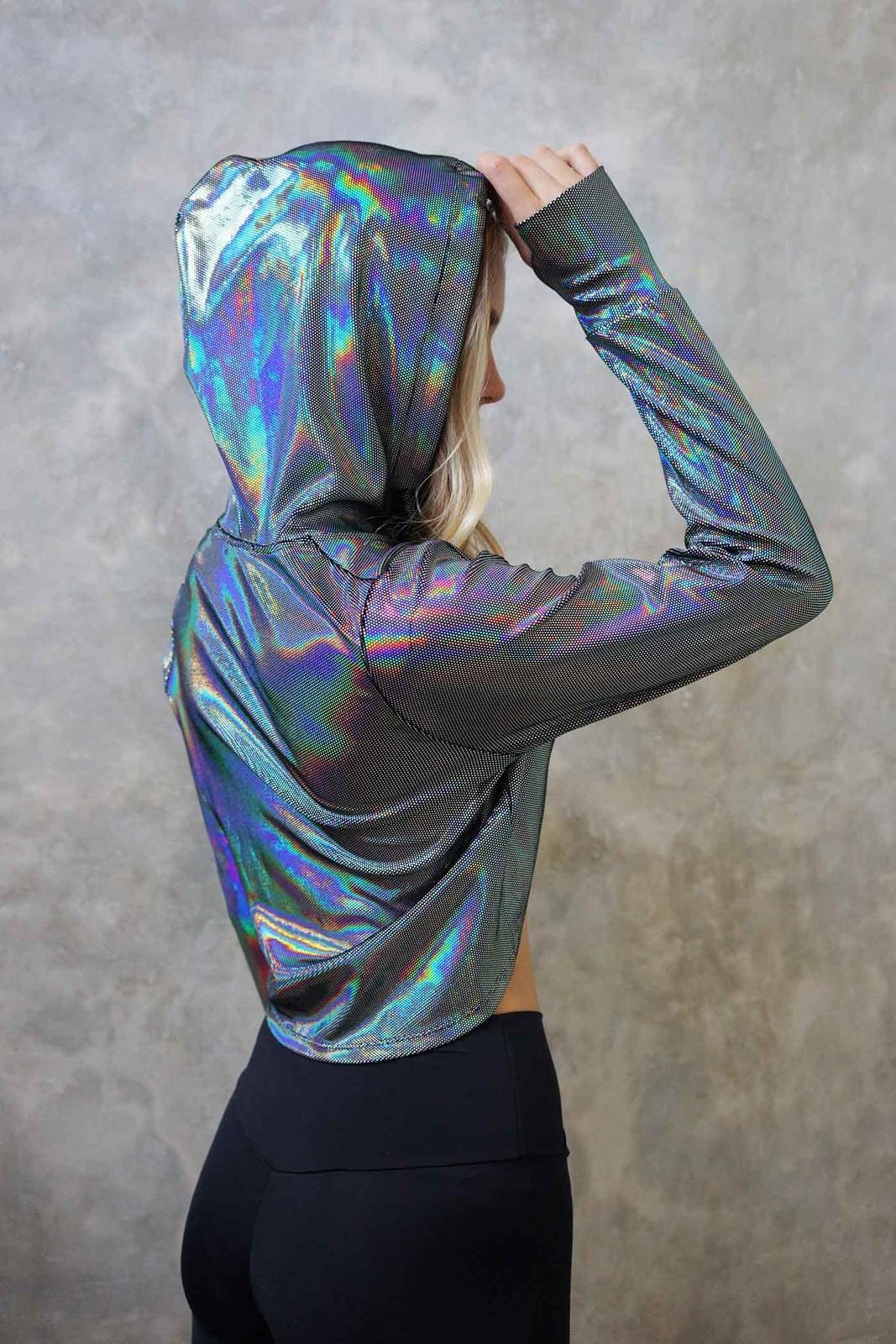 Holographic Silver Supernova Pullover Crop Hoodie from Love Khaos Festival Clothing Website