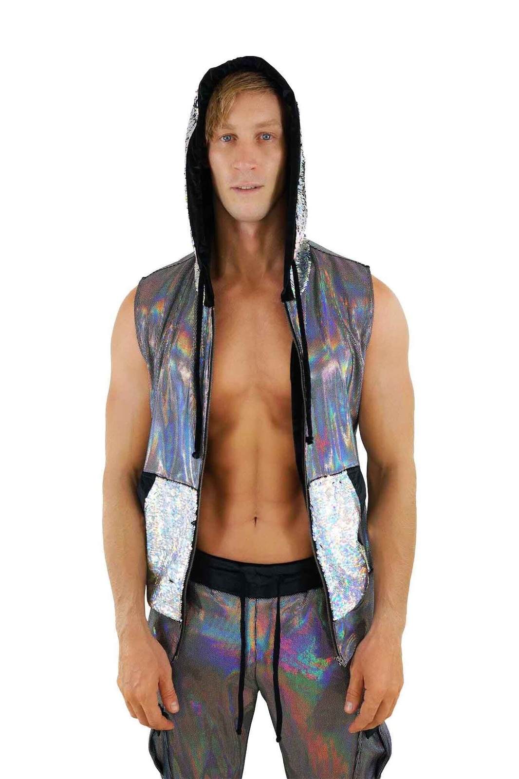 Mens Sleeveless hoodie rave vest with sequin hood from Love Khaos festival clothing website
