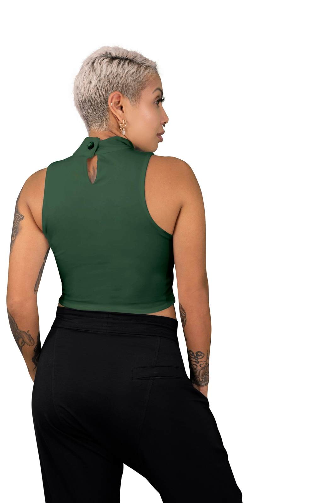 High neck crop top in army green worn with black harem pants made by Ekoluxe sustainable loungewear brand 
