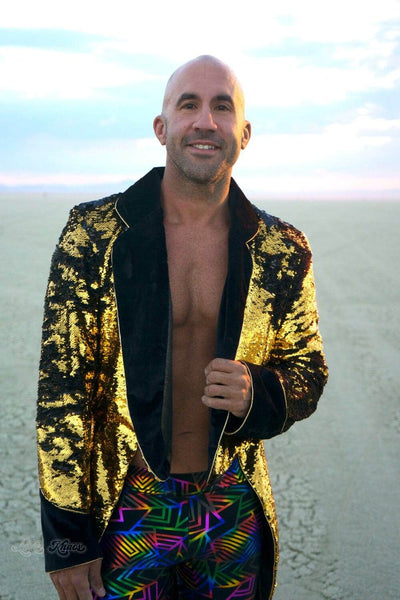 Gold sequin tail coat for men, festival wear party jacket by Love Khaos