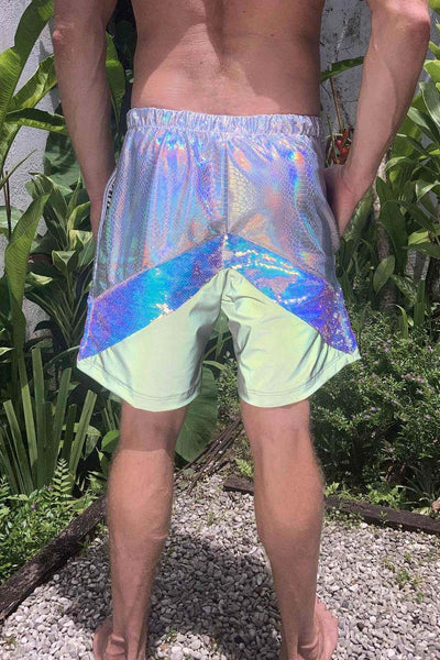 Reflective Mens Sequin Shorts with holographic panels from Love Khaos rave Clothing Website