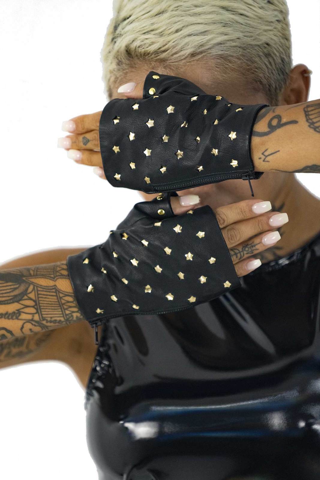 Estrela Black and Gold Fingerless Leather Half Gloves With Stars from Love Khaos Festival Clothing Brand.
