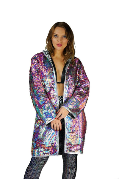 Holographic Sequin Hoodie Jacket by Love Khaos Festival Clothing