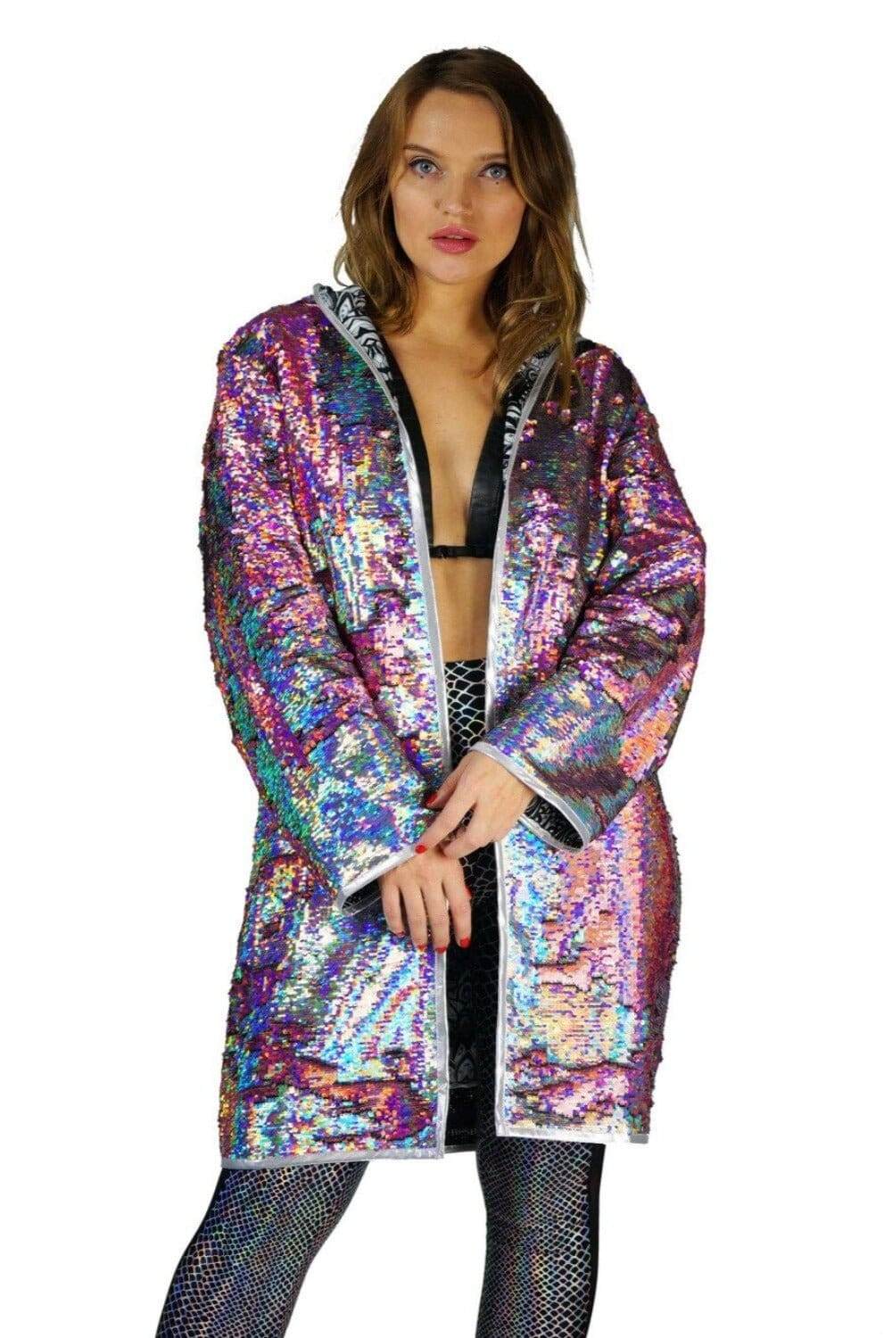 Holographic sequin hoodie jacket for women by Love Khaos
