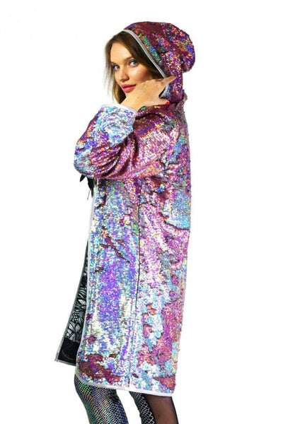 holographic sequin jacket hoodie for festivals and burning man by Love Khaos