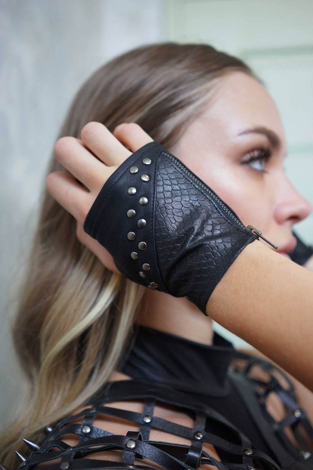 Anubis Fingerless Leather Gloves from Love Khaos Festival Clothing Brand