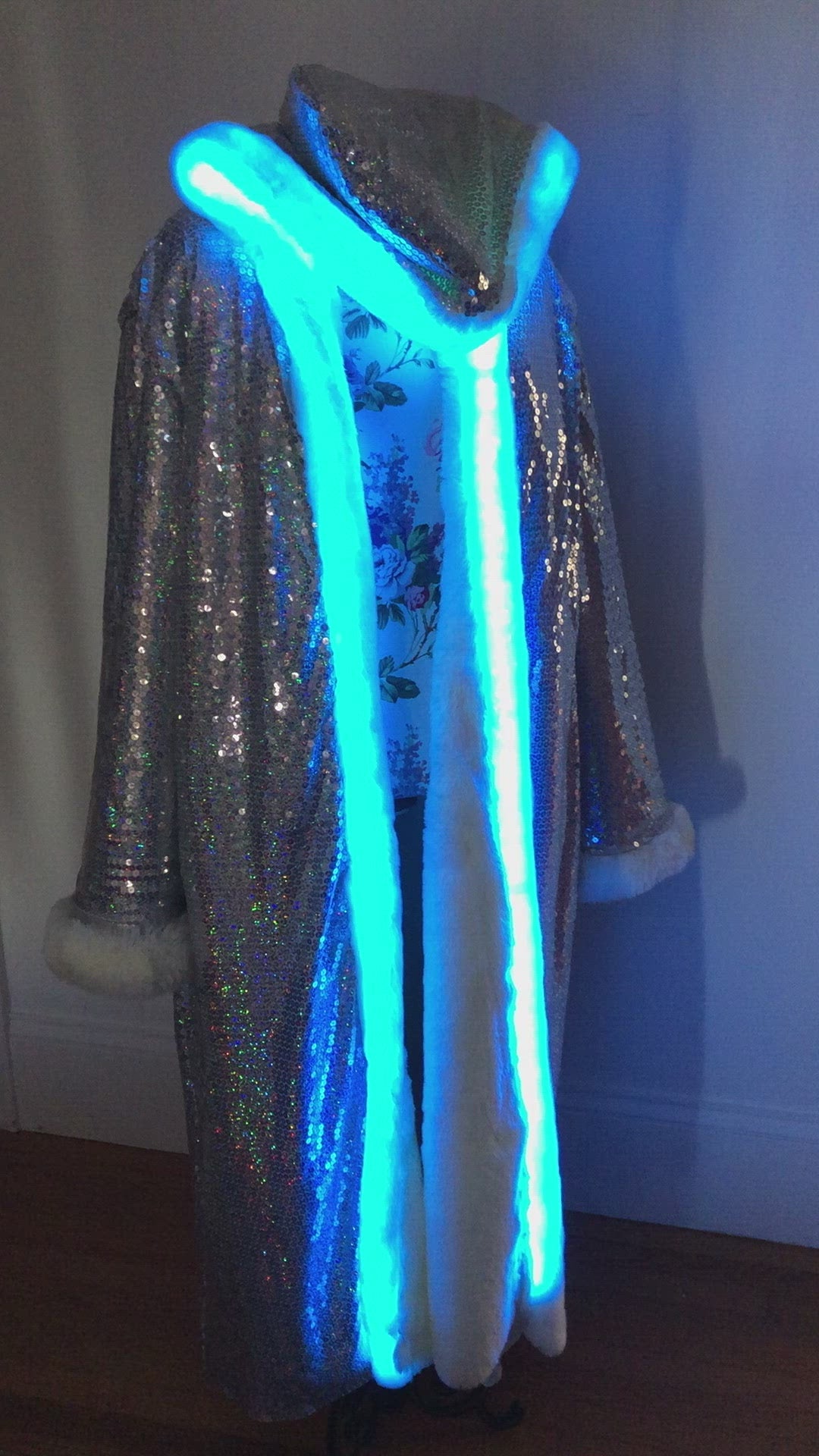 LED Light up Jacket with holographic silver sequins and faux fur for Festival Wear by Love Khaos Festival Clothing