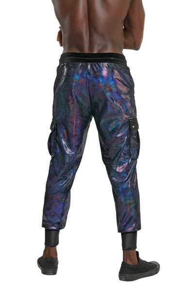 Mens skinny cargo joggers in Holographic black panther velvet from Love Khaos.