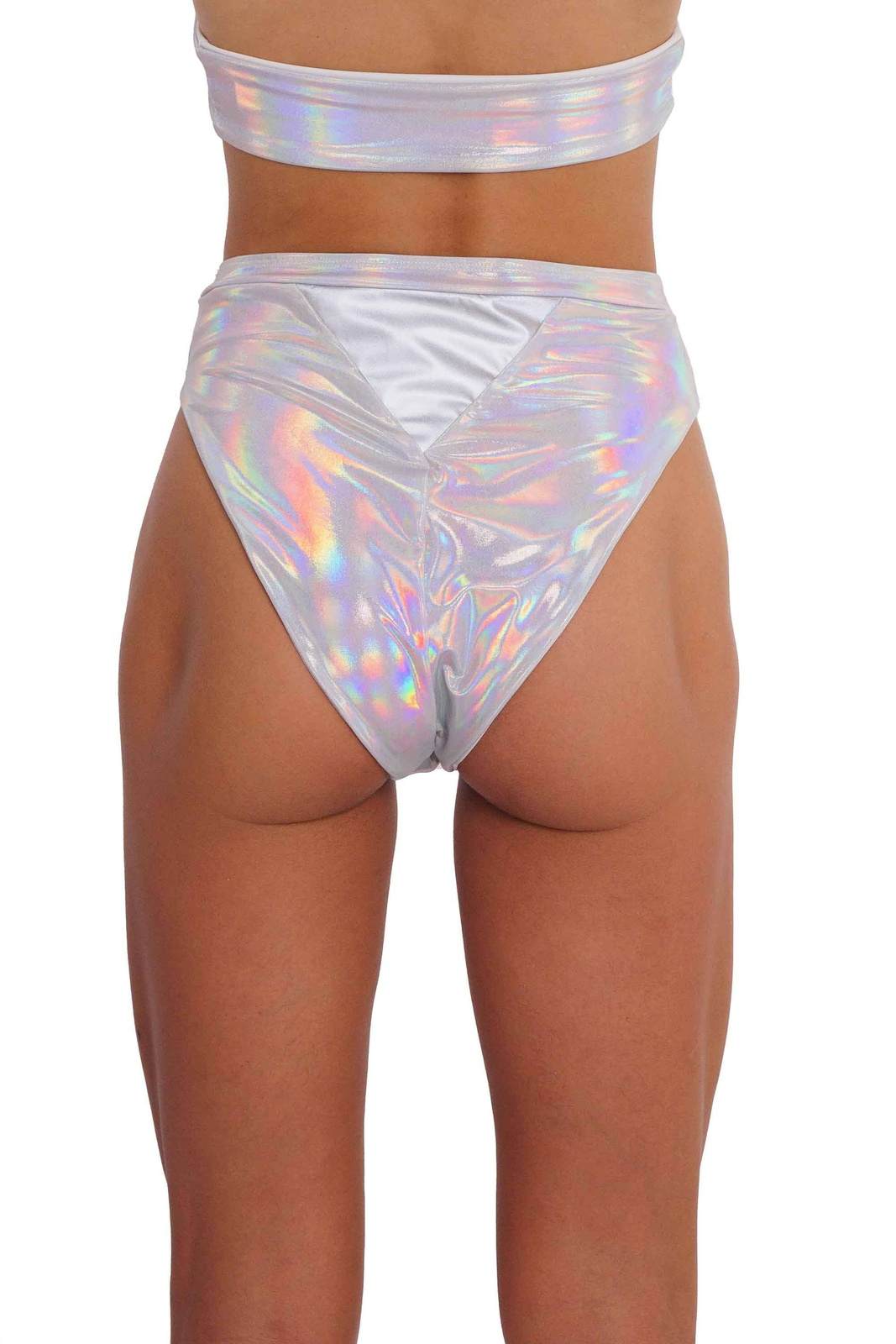 Bliss High Thigh Holographic White Rave Bottoms from Love Khaos Rave Wear Website