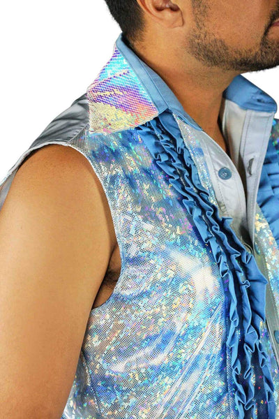 Holographic Powder Blue Ruffled Tuxedo Shirt Tank with sequin collar from Love Khaos Festival Clothing Brand.
