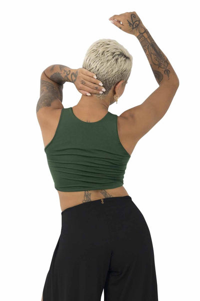 Seamless crop top in dark evergreen and black palazzo pants made by Ekoluxe, a sustainable loungewear brand