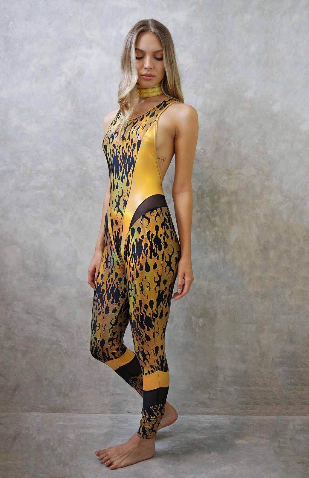 Womens black and gold bodysuit flame rave outfit from Love Khaos festival clothing brand.