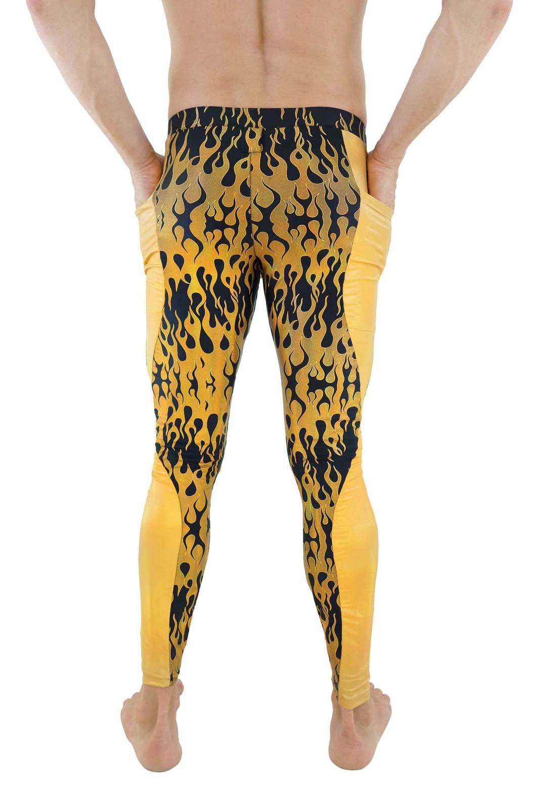 Flame Print Black & Gold Meggings with Pockets | Love Khaos